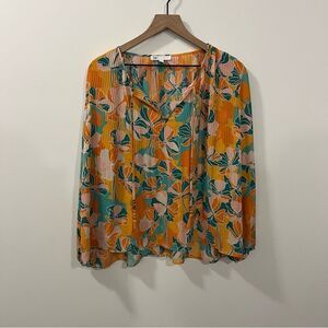 DR2 Floral Tropical Pleated Long Sleeve Blouse Size Medium